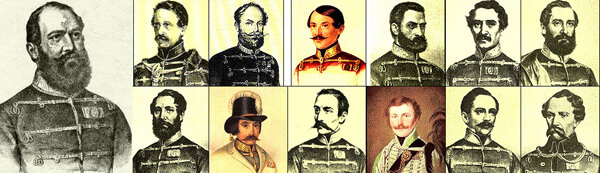 A tizenhárom aradi vértanú: Damjanich, Aulich, Dessewffy, Kiss, Knézich, Lahner, Lázár, Leiningen, Nagy, Poeltenberg, Schweidel, Török, Vécsey