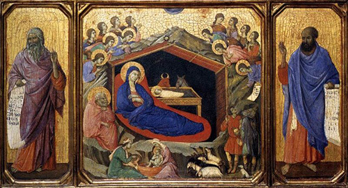 Duccio di Buoninsegna: Jézus születése (Izsák és Ezékiel prófétával)