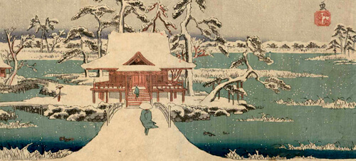 Utagawa Hiroshige: Havas táj az Inokashira tónál (részlet)